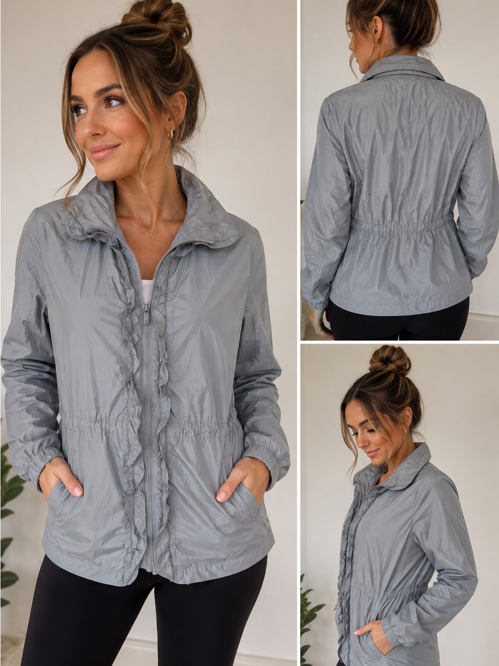 Vintage GAP Women’s Ruffle Front Utility Windbreaker Jacket Gray Size Small